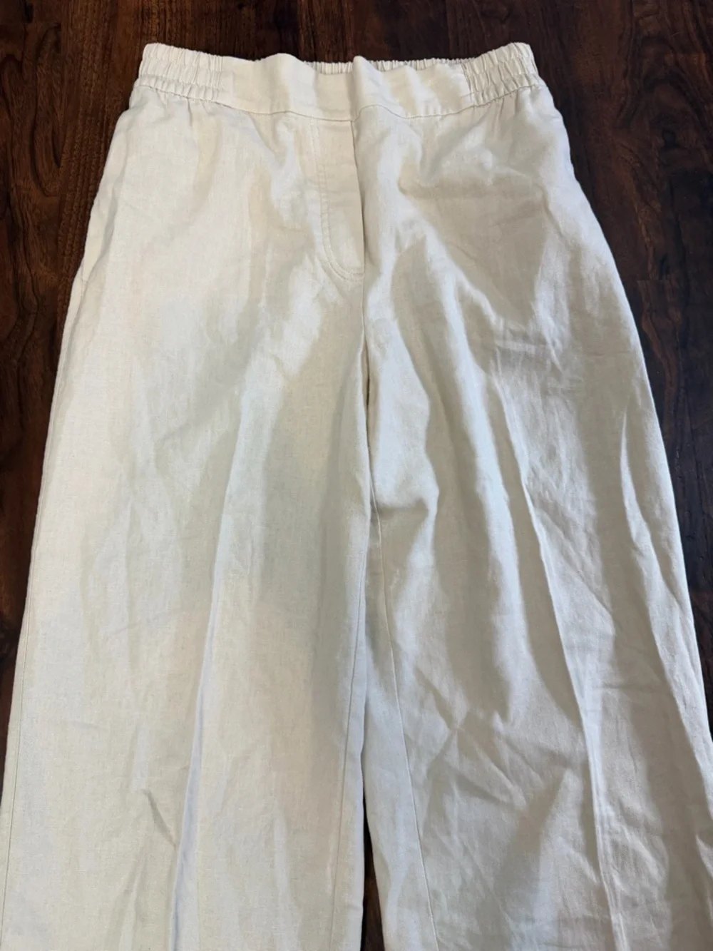 Zara Beige Linen Blend  Elastic Waist Straight Leg Pleated Pants